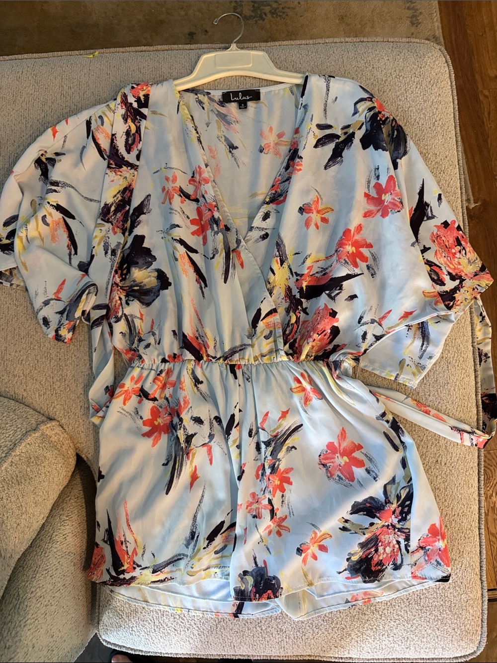 Lulu's Light Blue Floral Wrap Short Sleeve Tunic - Pink & Navy Accents
